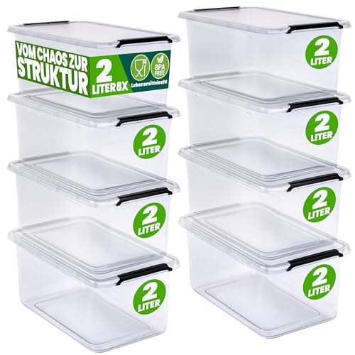 Deuba® 8x Aufbewahrungsbox mit Deckel 2L Box Kunststoff Kisten lebensmittelecht BPA frei klein Klickverschluss transparent stapelbar Küche Schlafzimmer von Deuba