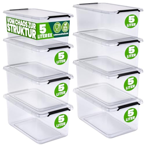 Deuba® 8x Aufbewahrungsbox mit Deckel 5L Box Kunststoff Kisten lebensmittelecht BPA frei klein Klickverschluss transparent stapelbar Küche Schlafzimmer von Deuba