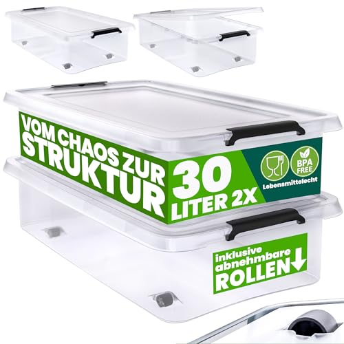 Deuba® Aufbewahrungsboxen 2 x 30l mit Deckel und Rollen, stapelbar, transparent Kunststoff BPA-frei Klickverschluss, RB60 für Büro, Garage, Waschraum von Deuba