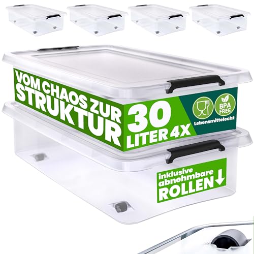 Deuba® Aufbewahrungsboxen 4 x 30l mit Deckel und Rollen, stapelbar, transparent Kunststoff BPA-frei Klickverschluss, RB60 für Büro, Garage, Waschraum von Deuba