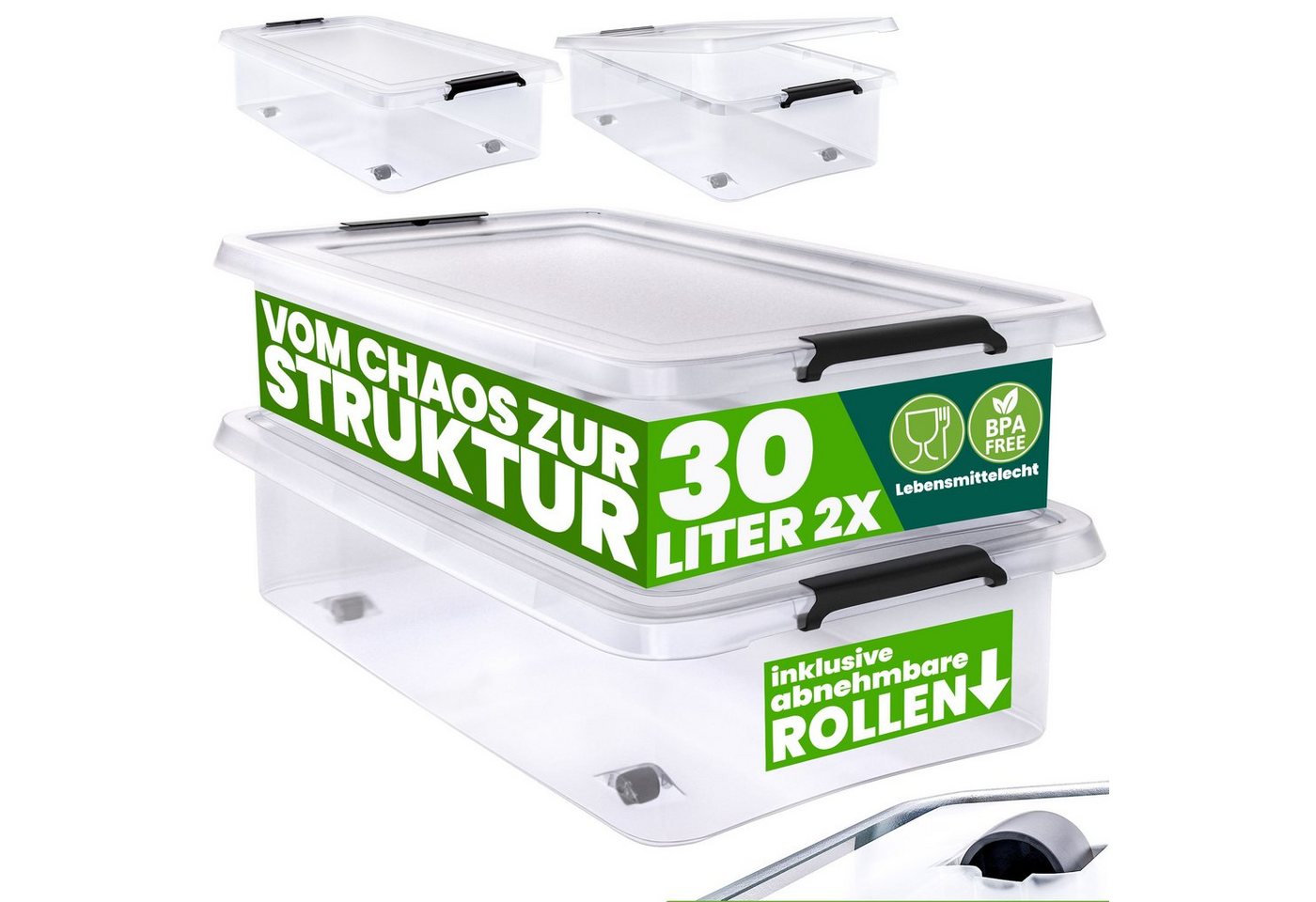 Deuba Aufbewahrungsbox (2 St), 30L Deckel stapelbar Rollen Kunststoff BPA frei Rollbox Kunststoffbox von Deuba