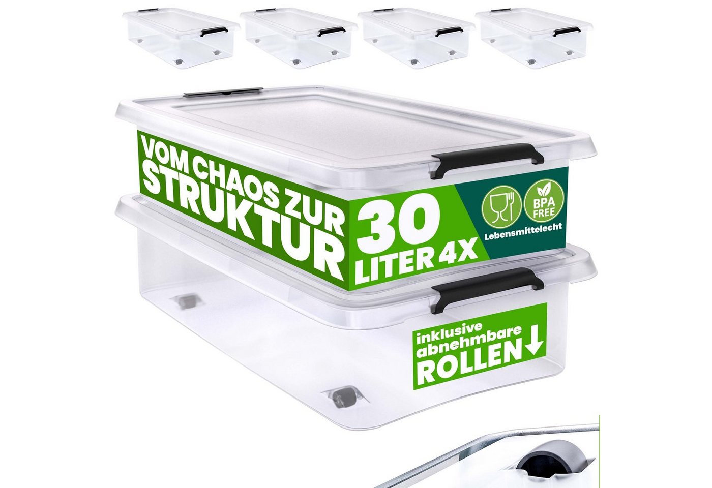 Deuba Aufbewahrungsbox (4 St), 30L Deckel stapelbar Rollen Kunststoff BPA frei Rollbox Kunststoffbox von Deuba