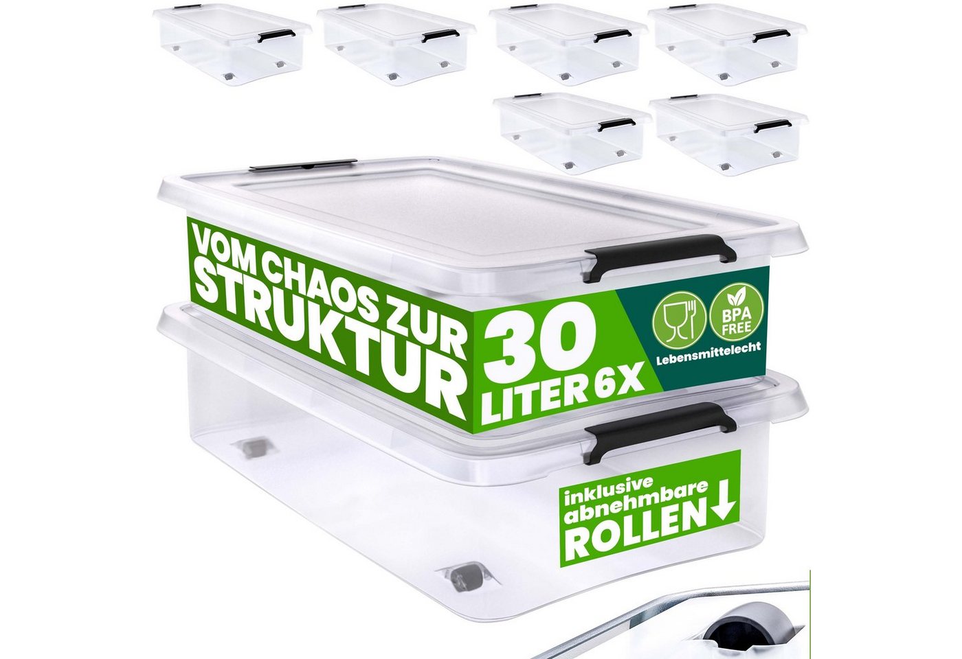 Deuba Aufbewahrungsbox (6 St), 30L Deckel stapelbar Rollen Kunststoff BPA frei Rollbox Kunststoffbox von Deuba