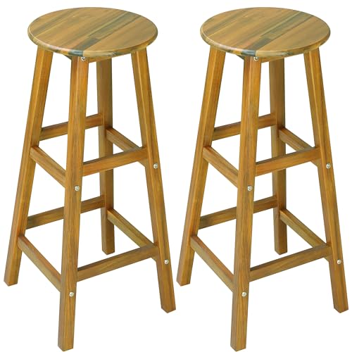 Casaria® Barhocker 2er Set Holz Akazie Outdoor 75cm Sitzhöhe Fußstütze 150kg Belastbarkeit Massiv Rund Rustikal Garten Küche Bar Stuhl Hocker Braun von Casaria