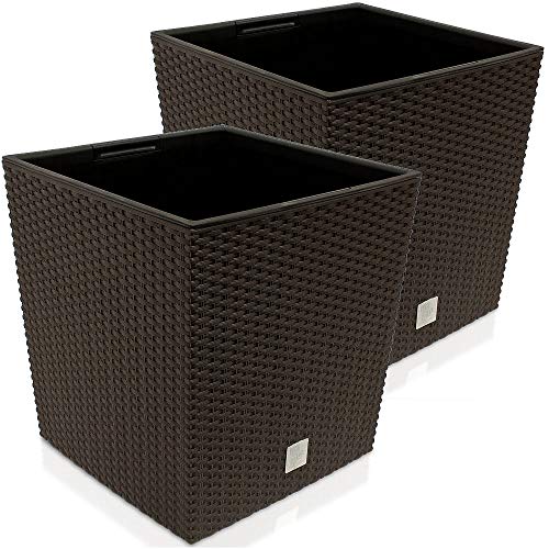 Deuba® 2X Blumentopf 35L 32x32x33cm Rato Low Innentopf Mit Griffen Wetterfest Rattanoptik Pflanzkasten Übertopf Pflanzkübel Blumenkasten Quadratisch Umbra von Deuba