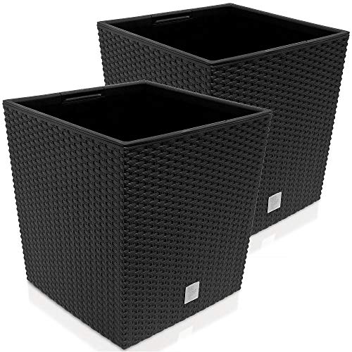 Deuba® 2X Blumentopf 65L 40x40x41cm Rato Low Innentopf Mit Griffen Wetterfest Rattanoptik Pflanzkasten Übertopf Pflanzkübel Blumenkasten Quadratisch Anthrazit von Deuba