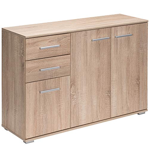 Casaria® Kommode mit 3 Türen 2 Schubladen 107x75x35cm Holz Modern spiegelbarer Aufbau Schlafzimmer Büro Flur Mehrzweckschrank Aktenschrank Schrank Eiche von Casaria