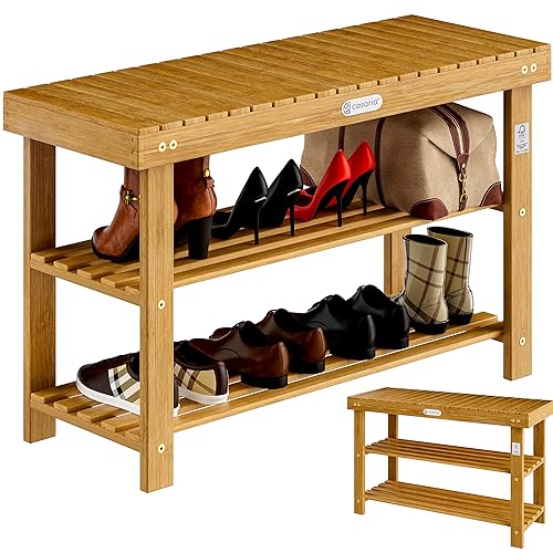 Casaria® Schuhregal mit Sitzfläche Holz Massiv 160kg Belastbarkeit FSC®-Zertifiziert Akazie 3 Ebenen Flur Bad Schuhbank Sitzbank Schuhschrank Braun von Casaria