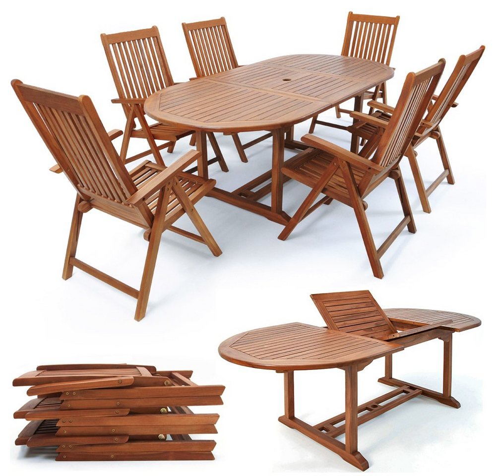Casaria Sitzgruppe, Holz 6 Stühle mit Tisch Wetterfest FSC®-zertifiziert Schirmständer von Casaria