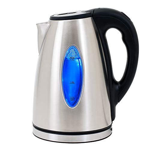 Deuba Wasserkocher Edelstahl 1,7 L LED Glas BPA-Frei 2200W Kabellos Kalkfilter Überhitzungsschutz Küche Teekocher Silber von Deuba