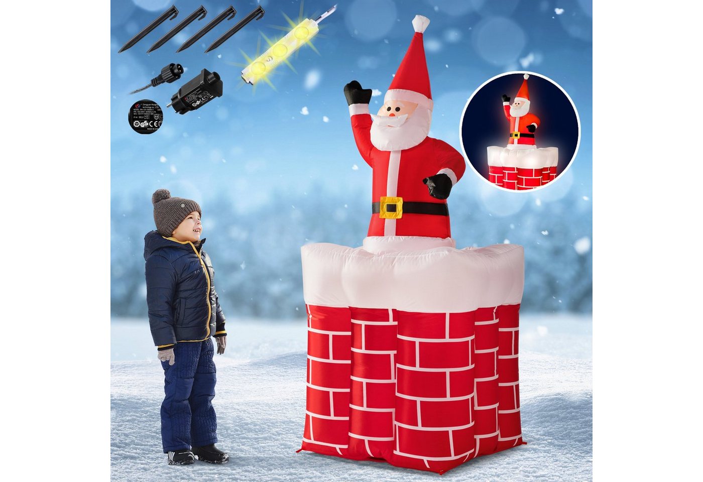monzana Weihnachtsmann, Aufblasbarer 178cm groß LED Beleuchtet springt-aus-dem-Schornstein von monzana
