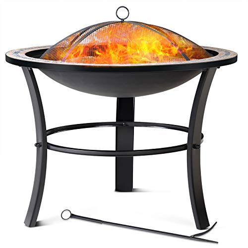 GARDEBRUK® Feuersschale Fuego mit Funkenschutz Ø76cm Schürhaken Abdeckung Mosaik Rund Garten Terrasse Feuerstelle Feuerkorb Kamin Ofen Holz Grill von Gardebruk