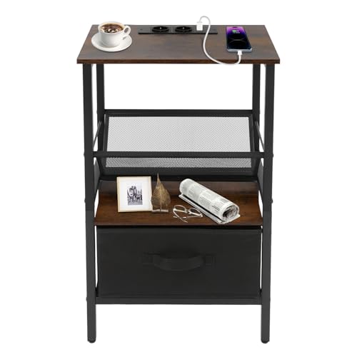Nachttisch mit Steckdosen, Beistelltisch mit V-förmigen Netzkorb und großen Schublade, für Wohnzimmer, Arbeitszimmer, Schlafzimmer und Büro, 44 * 32 * 76.5cm Nachttisch mit Steckdosen, Beistelltisch mit V-förmigen Netzkorb und großen Schublade, für Wohnzimmer, Arbeitszimmer, Schlafzimmer und Büro, 44 * 32 * 76.5cm von Deurqund