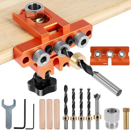 Deuson Dowel Jig Kit Aluminiumlegierung 3 in 1 Bohrloch-Loch-Guide Precise Bohrlocator Tragbare Puncher-Positionierungsführung mit 8 mm 10 mm 15 mm Bohrer Taschenloch-Schablone für Holzbearbeitung von Deuson