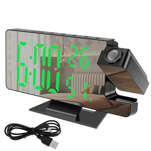 Projektion Wecker mit 180 ° rotatierbarem Projektor 4 Level Dimmable Spiegelprojektionsuhr Große Anzeige Digitaler Projektion Wecker Projektion Taktuhren mit Snooze für Home Office Schlafsaal(Grün) von Deuson