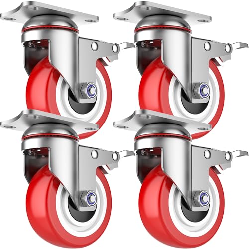 Deutnart 100mm Transportrollen mit Bremse, Extra Schwerlastrollen 700kg Tragfähigkeit, Langlebige Schmutzabweisende Lenkrollen (3. Generation, Verbesserter Premium Stahl, Solides Rad), 4er Pack, Rot von Deutnart