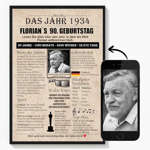 Deutsam Personalisiertes Geschenk zum 90 Geburtstag – Das Jahr 1934 Poster Tischbild Persönliches Jubiläum Geburtstagszeitung Geburtstag 90 Jahre Geschenkidee Deutsam Personalisiertes Geschenk zum 90 Geburtstag – Das Jahr 1934 Poster Tischbild Persönliches Jubiläum Geburtstagszeitung Geburtstag 90 Jahre Geschenkidee von Deutsam
