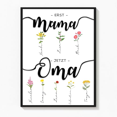 Deutsam Personalisiertes Poster erst Mama jetzt Oma Geschenk zum Muttertag Muttertagsgeschenk für Oma mit Namen von Enkeln Geschenk Geburtstag Mama (Blumen) von Deutsam