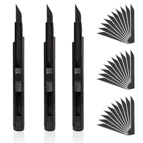 3 Stück Cuttermesser Set, 3 pcs 9mm Messer mit 30 pcs 30°Abbrechklingen, Einziehbar Profi-Cuttermesser Gebildet Universalmesser, Schwarz Hochpräzises Bastelmesser für Karton, Folien, Papier von Devenirriche