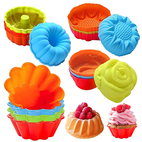 Devenirriche 16 Stück Silikon Backform, Muffinform Silikon, Mini Gugelhupfform Backform Wiederverwendbare Muffinförmchen Cupcake für DIY Backen Kuchen Dessert Schokolade Pudding Gelee(4 Formen) von Devenirriche