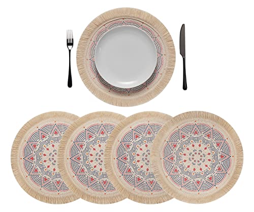 DEVINITA Tischset mit 4 runden Platzmatten (Ø 35cm), Platzset Hitzebeständig, Platzdeckchen Abwaschbar im Boho Stil mit Mandala Muster - Blau Rot von Devinita