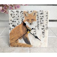 Uhr Aus Marmorfliese Inkl. Holzständer, Kleine Tischuhr, Regaluhr, Standuhr Mit Fuchsmotiv von DevinitaArtCreation