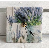 Uhr Aus Marmorfliese Inkl. Holzständer, Kleine Tischuhr, Regaluhr, Standuhr Mit Lavendelmotiv von DevinitaArtCreation