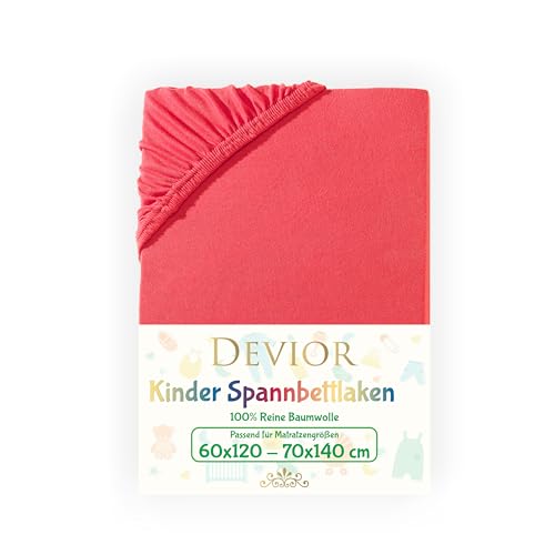 Devior Jersey Kinder Spannbettlaken 60x120-70x140 cm rot | Bettlaken 100% Baumwolle | bis 12cm Matratzenhöhe Gummizug | Oeko-TEX Made in Green | Spannbetttücher Leintuch Matratzen Bezug 70x140 von Devior