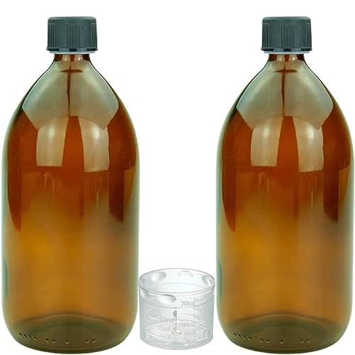 Devitre 2 braune Glasflaschen 1000 ml mit Deckel Messbecher und 2 Etiketten von Devitre