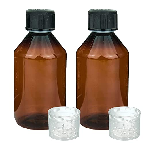 Devitre 2 braune Laborflaschen 250 ml PET mit Kindersicherung inkl. Messbecher und Etiketten von Devitre