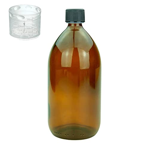 Devitre braune Glasflasche 1000 ml mit Deckel Messbecher und Beschriftungsetikett von Devitre