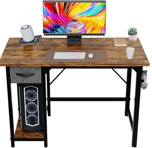Devoko 100x50 cm Schreibtisch mit Schubladen, Klein Computertisch mit Kopfhörerhalter, Mini Bürotisch Study Table, schreibtische Klein für Home Office, Vintage Braun von Devoko