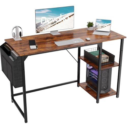 Devoko 120cm Computer Schreibtisch mit Reversible Regal,Schreibtisch Kleiner Tisch mit Kopfhörerhaken,Industrial Style Study Table,Computertisch Klein für Home Office,Vintage Braun von Devoko