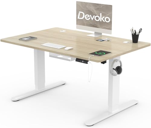 Devoko 120x80cm Schreibtisch Höhenverstellbar Elektrisch mit USB A&C-Ladeanschluss, Mobiler Computertisch mit Kabel Management Tray und 3-Funktions-Memory, Eiche mit Rollen von Devoko