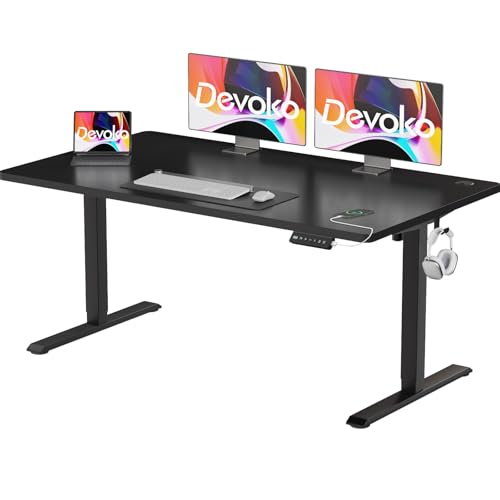 Devoko 140 x 60 cm, höhenverstellbarer Schreibtisch, elektrischer Schreibtisch mit komplettem Desktop, Höhe verstellbar 73 – 118 cm, 2 Speicherhöhen, Büroschreibtisch, Kollisionsschutz (Schwarz) von Devoko