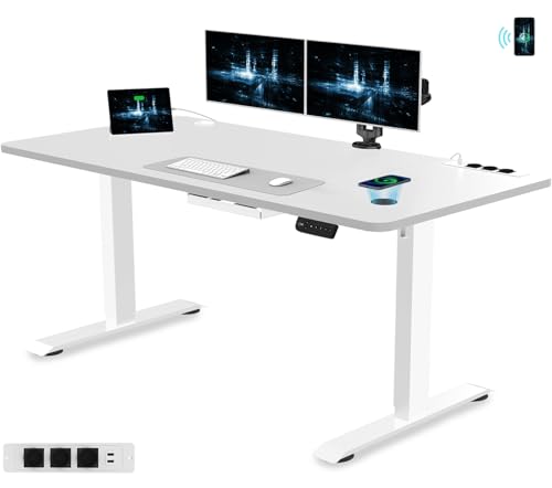 Devoko 140 x 70 Höhenverstellbarer Schreibtisch, Elektrisch Schreibtisch mit USB Induktions-Ladegerät, Elektrisch Computertisch mit Kabel Management Tray und Funktions-Memory, Weiß mit Rollen von Devoko