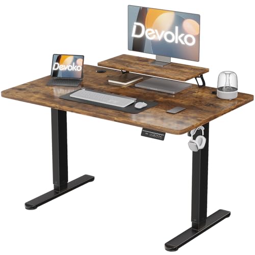 Devoko 140×60cm Elektrisch Höhenverstellbarer Schreibtisch mit Monitorständer, Computer-Schreibtisch, mit 2 Höhen-Speicherfunktionen, Vintagebraun von Devoko