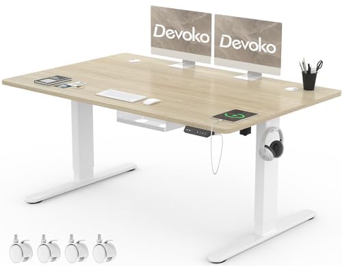Devoko Höhenverstellbar Schreibtisch 140x80cm mit USB-C&A Ladeanschluss, Mobiler Elektrisch Computertisch mit Kabel Management Tray und 3-Funktions-Memory, Eiche mit Rollen von Devoko