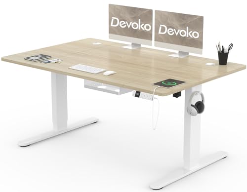 Devoko Höhenverstellbarer Schreibtisch 140x80cm mit Typ-C Ladeanschluss, Schreibtisch Höhenverstellbar Elektrisch, Mobiler Elektrisch Computertisch mit Kabel Management Tray, Eiche von Devoko