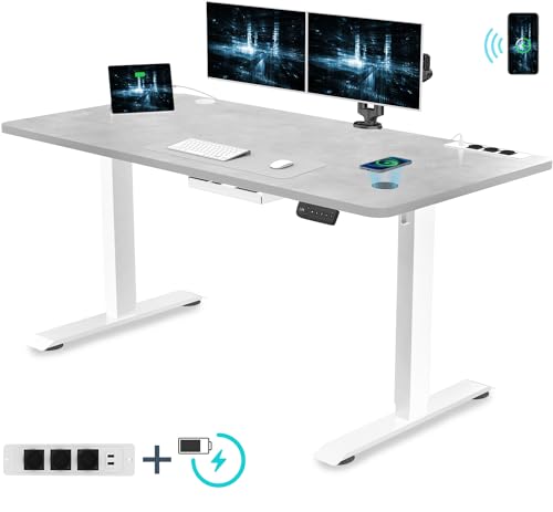 Devoko 160 x 80 Höhenverstellbarer Schreibtisch, Elektrisch Schreibtisch mit Euro-Steckdose und USB Induktions-Ladegerät, Elektrisch Computertisch mit Kabel Management Tray und Funktions-Memory, Grau von Devoko
