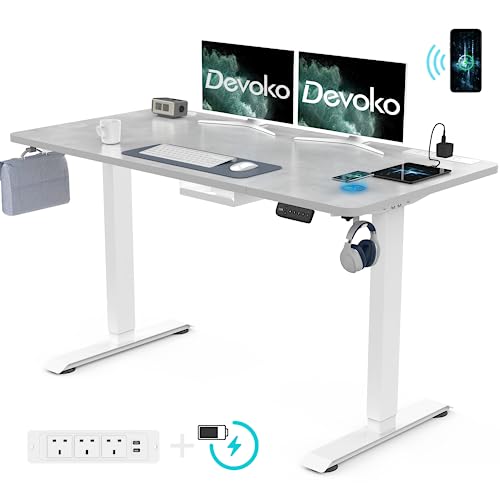 Devoko 160 x 80 cm Höhenverstellbarer Schreibtisch, Elektrisch Schreibtisch, mit Induktions-Ladegerät, Elektrisch mit Memory-Steuerung un Sitzende Erinnerung, 3 Steckdosen, 4 x 360°-Rollen (grau) von Devoko