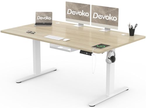 Devoko 160x80cm Schreibtisch Höhenverstellbar Elektrisch mit USB A&C-Ladeanschluss, Mobiler Computertisch mit Kabel Management Tray und 3-Funktions-Memory, Eiche mit Rollen von Devoko