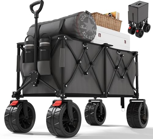 Devoko 260L Bollerwagen Faltbar 150KG Belastbar mit Große Breiten Rädern und Bremse, Großer Camping Wagen für Strand mit Verstellbarem Griff und Netz-Becherhalter, Grau von Devoko