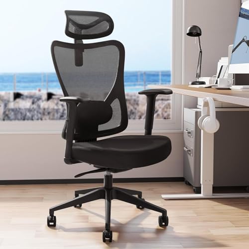 Devoko Bürostuhl Ergonomischer Schreibtischstuhl Hoher Rücken hat Verstellbarer Lordosenstütze,Kopfstütze und Armlehne,130°Schaukeln Computerstuhl,Bis 180kg,Schwarz von Devoko