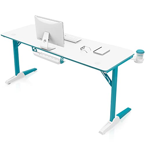 Devoko Computer PC Tisch großer Gaming Schreibtisch mit Kabelmanagement-Fach, Kopfhörerhaken und Becherhalter, Weiß, 160 x 60 cm von Devoko