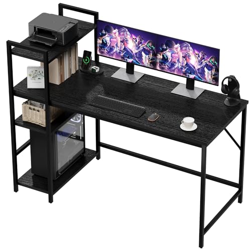 Devoko Computertisch 140cm mit umkehrbarem Regal, Schreibtisch mit 4-Schicht-Lagerung Ideal Studie Computer-Schreibtisch Schreibtisch für kleinen Raum, Schwarz von Devoko