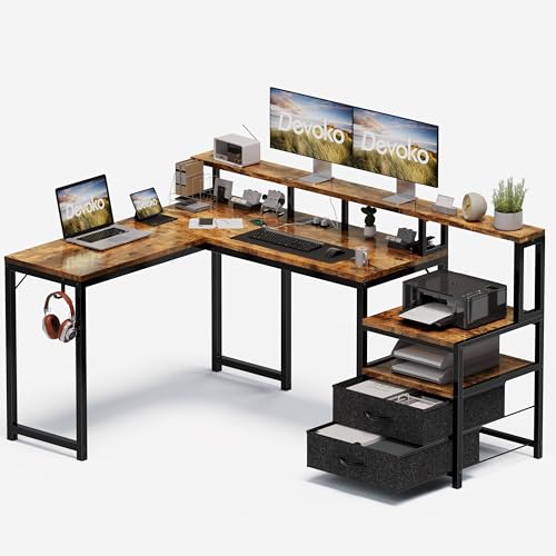 Devoko Eckschreibtisch 168×120cm, L-Schreibtisch mit Stauraum, Eckschreibtisch Schublade mit Steckdose und USB-Ladeport, Computertisch mit Monitorhalterung und Regalen, Braun von Devoko