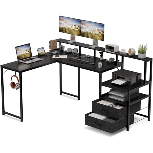 Devoko Eckschreibtisch 168×120cm, L-Schreibtisch mit Stauraum, Eckschreibtisch Schublade mit Steckdose und USB-Ladeport, Computertisch mit Monitorhalterung und Regalen, Schwarz von Devoko