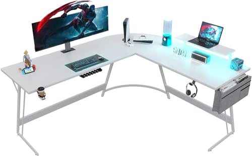 Devoko Eckschreibtisch Gaming Tisch 160cm mit LED, Gaming Schreibtisch L Form mit Monitorständer, Gaming Desk mit Headset Haken, Gaming Tisch L-förmiger,Groß Pc Ecktisch,Weiß von Devoko