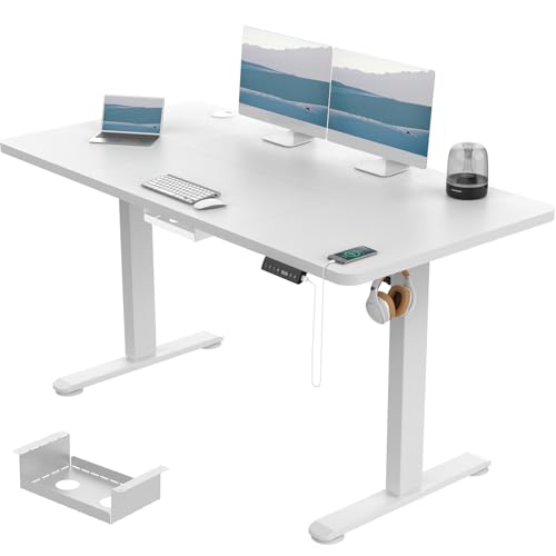 Devoko Elektrisch Höhenverstellbarer Schreibtisch 140x70 cm, 3 Memory-Handsteuerung mit USB Steckdose, Computertisch mit Anti-Kollision-System，Sitz-Stehpult für Büro mit 360°Rollen，Weiß von Devoko